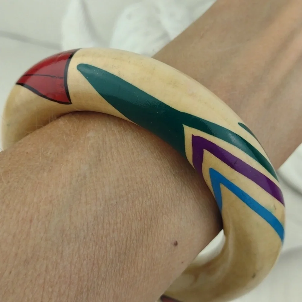 Hand-Painted Red Turquoise Light Blue Teal & Purple Resin Bangle Bracelet